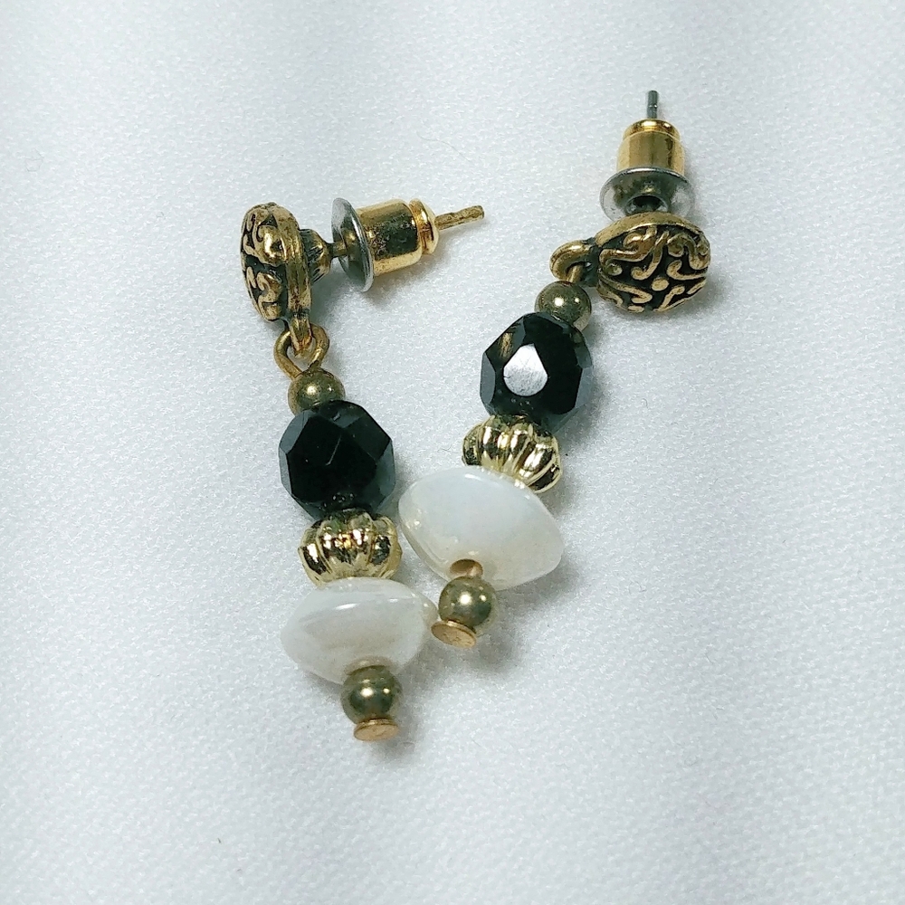 White Black & Gold Tone Beaded Earrings